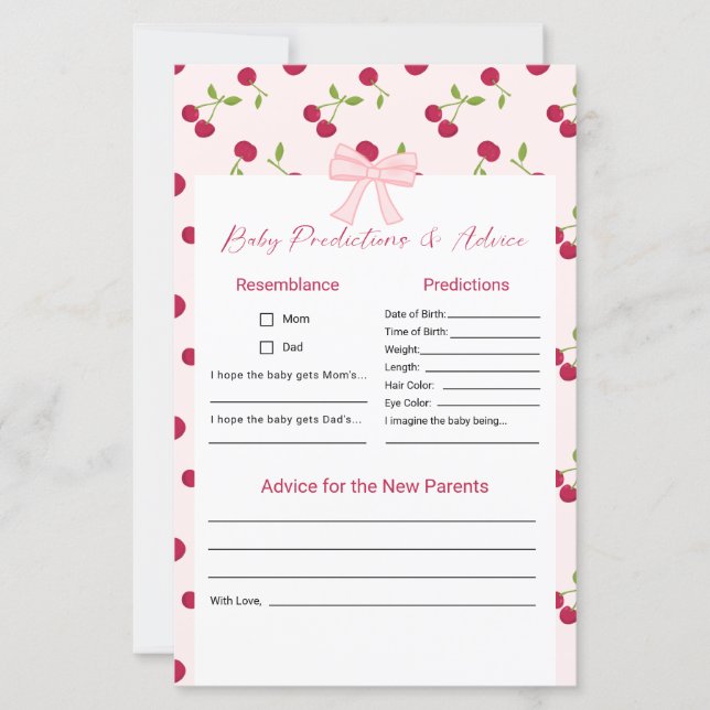 Baby Predictions Advice Cherry On Top Baby Shower  (Voorkant)
