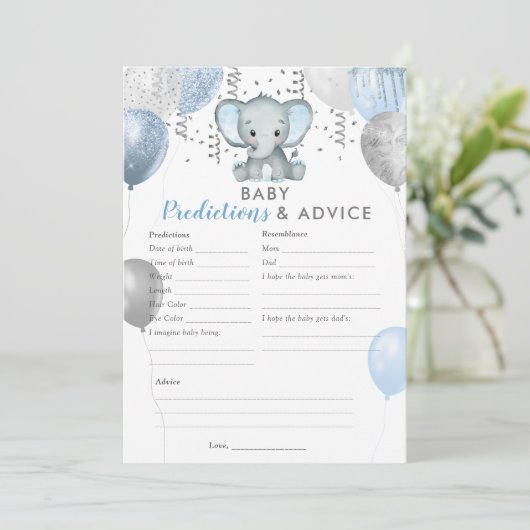 Baby Predictions Boy Elephant Shower Game Kaart (Staand voorkant)