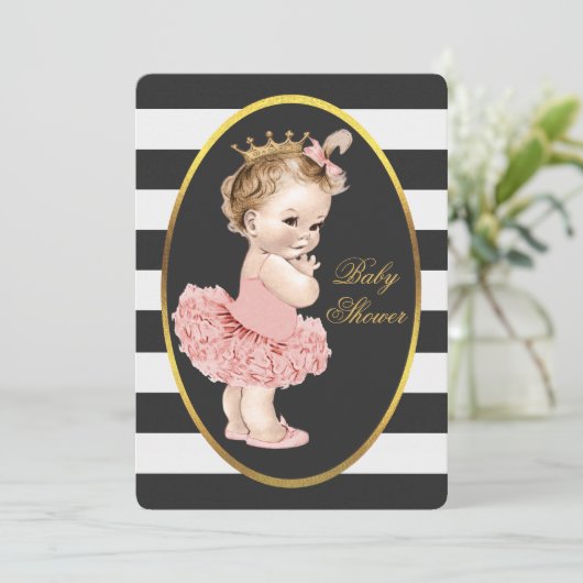 Baby Princess in Tutu Zwart Wit Strepen Goud Kaart (Staand voorkant)