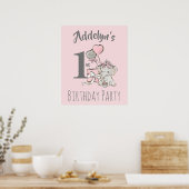 Baby Prinses Elephant Girl Pink Gray 1e verjaardag Poster (Keuken)