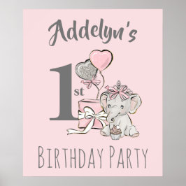 Baby Prinses Elephant Girl Pink Gray 1e verjaardag Poster