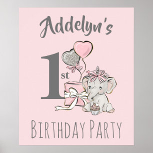 Baby Prinses Elephant Girl Pink Gray 1e verjaardag Poster