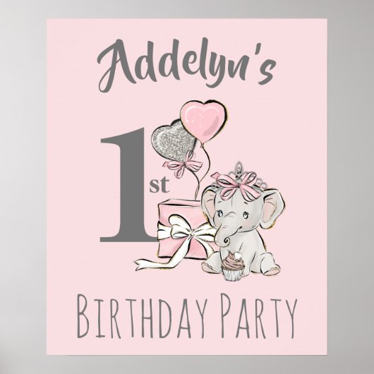 Baby Prinses Elephant Girl Pink Gray 1e verjaardag Poster (Voorkant)