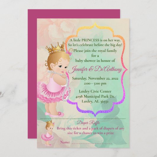 Baby Prinses Waterverf Baby shower Kaart (Voorkant / Achterkant)