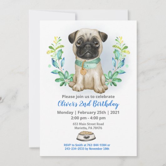 Baby Pug Birthday Party Invitation Kaart (Voorkant)