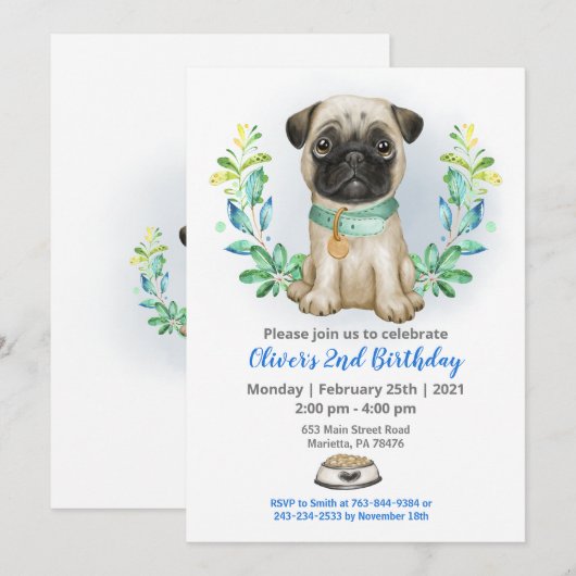 Baby Pug Birthday Party Invitation Kaart (Voorkant / Achterkant)