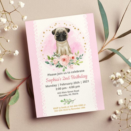 Baby Pug Birthday Party Invitation Kaart