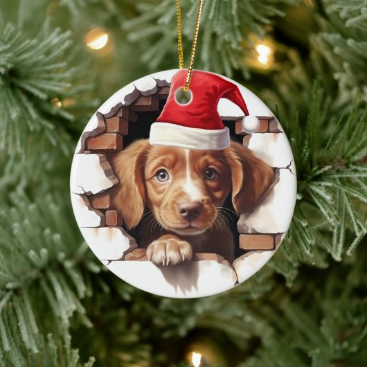 Baby Puppy in Santa Hat - 3D Keramisch Ornament (Boom)