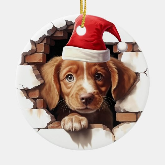 Baby Puppy in Santa Hat - 3D Keramisch Ornament (Voorkant)