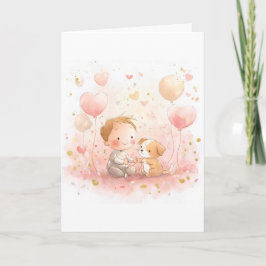 Baby & Puppy Valentine’s Card | Soft Watercolor Feestdagen Kaart