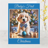 Baby Puppy's eerste kerst (blauw) Kaart (Gele Bloem)