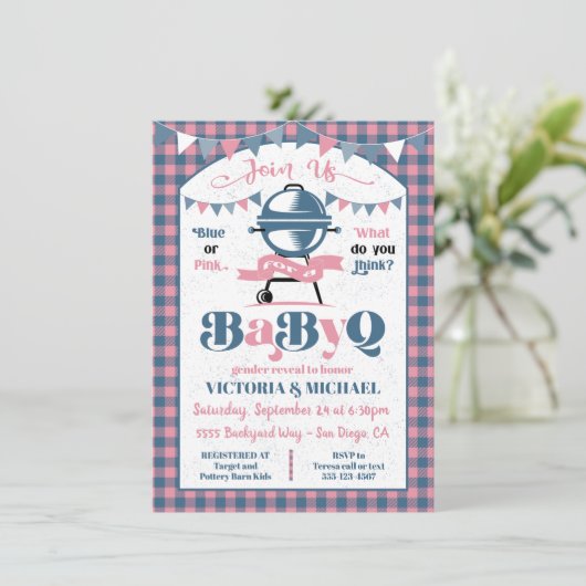 Baby Q Barbecue Gender Rekalmschoen Kaart (Staand voorkant)