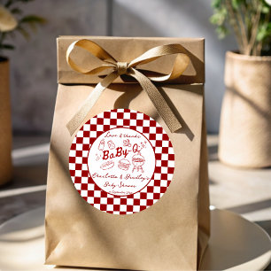 Baby q barbecue rode ruiten baby shower ronde sticker