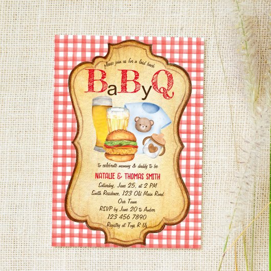 Baby Q BBQ barbecue red check baby shower Kaart