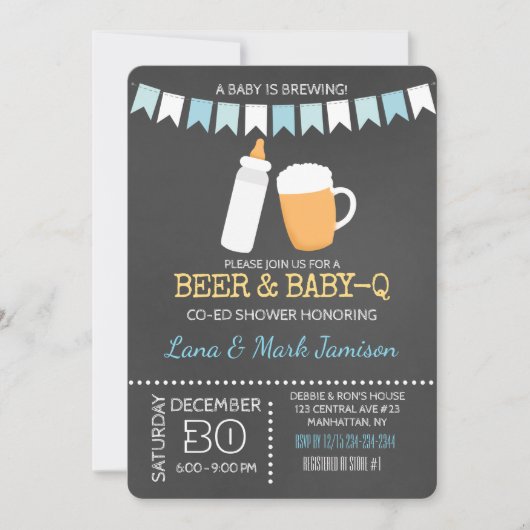 Baby-Q BBQ Bier Shower nodigt (Blauw terug) uit Kaart (Voorkant)