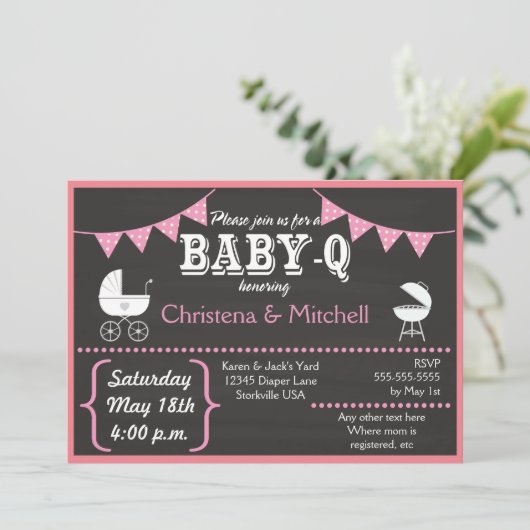 Baby-Q Chalkboard Baby Shower Invitations (roze) Kaart (Staand voorkant)