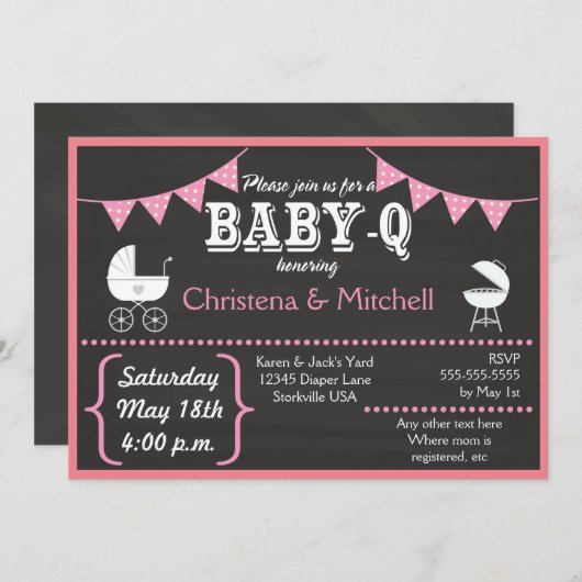 Baby-Q Chalkboard Baby Shower Invitations (roze) Kaart (Voorkant / Achterkant)