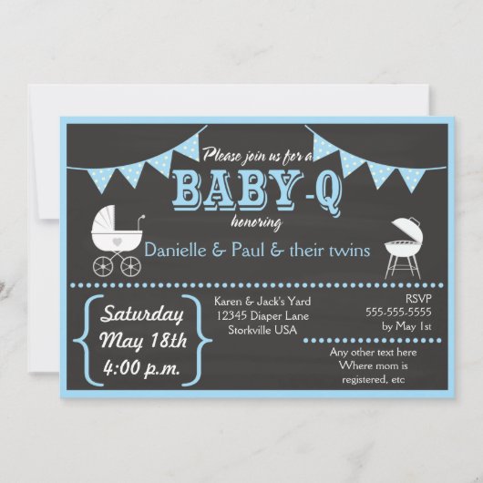 Baby-Q Chalkboard Blue Baby shower Invitation Kaart (Voorkant)