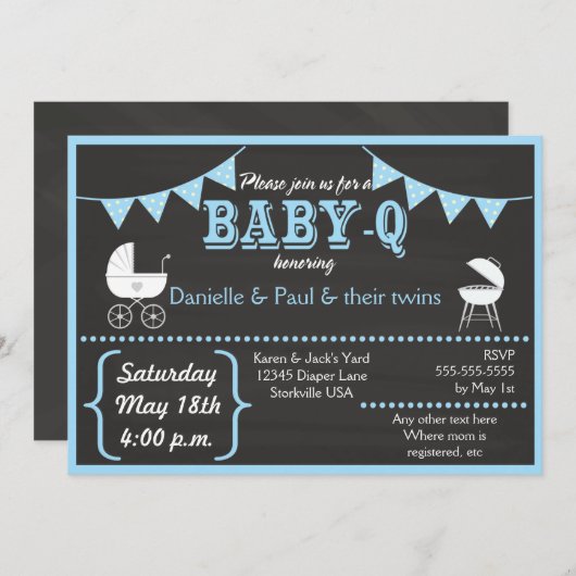 Baby-Q Chalkboard Blue Baby shower Invitation Kaart (Voorkant / Achterkant)