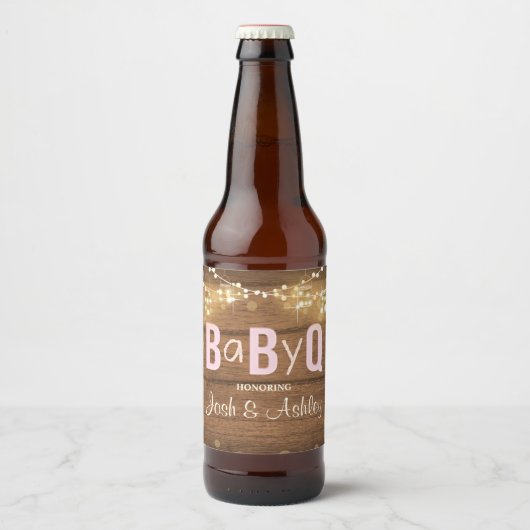 Baby Q Coed BBQ Baby shower Wijnfles Label Wood Bier Etiket (Voorkant)