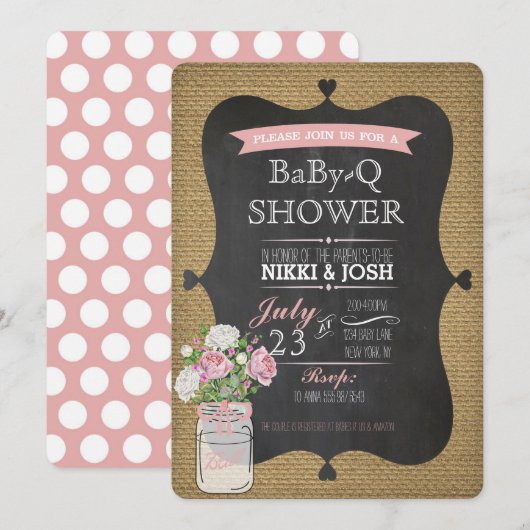 Baby-Q Douche Burlap Mason Jar Chalkboard Invite Kaart (Voorkant / Achterkant)