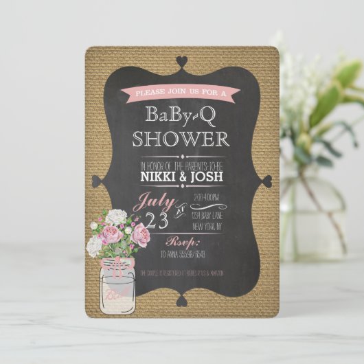 Baby-Q Douche Burlap Mason Jar Chalkboard Invite Kaart (Staand voorkant)