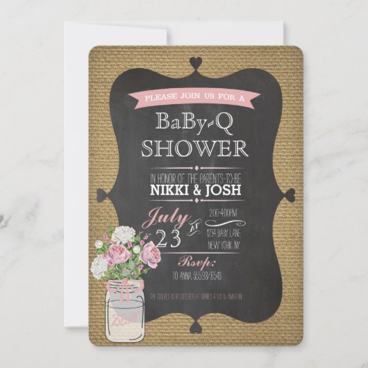 Baby-Q Douche Burlap Mason Jar Chalkboard Invite Kaart (Voorkant)