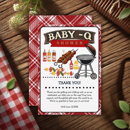 Baby-Q Geruit Rood & Zwart Grill Baby shower Bedankkaart