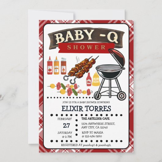 Baby-Q Geruit Rood & Zwart Grill Baby shower Kaart (Voorkant)