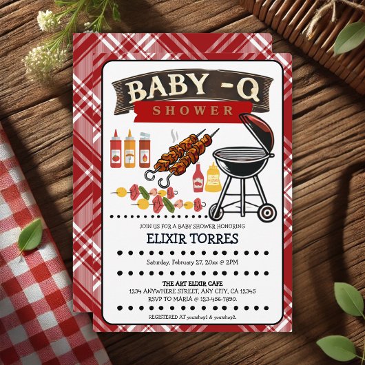 Baby-Q Geruit Rood & Zwart Grill Baby shower Kaart