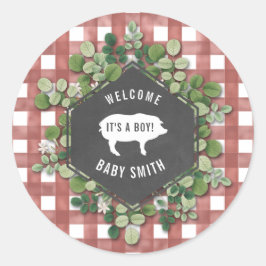 Baby q Gingham Botanical Pig Baby shower Ronde Sticker