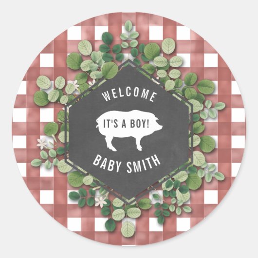Baby q Gingham Botanical Pig Baby shower Ronde Sticker (Voorkant)