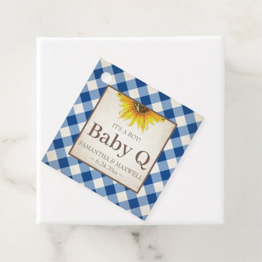 Baby Q Gingham en Sunflower Dank u Blauw Bedankjes Labels (In situ)