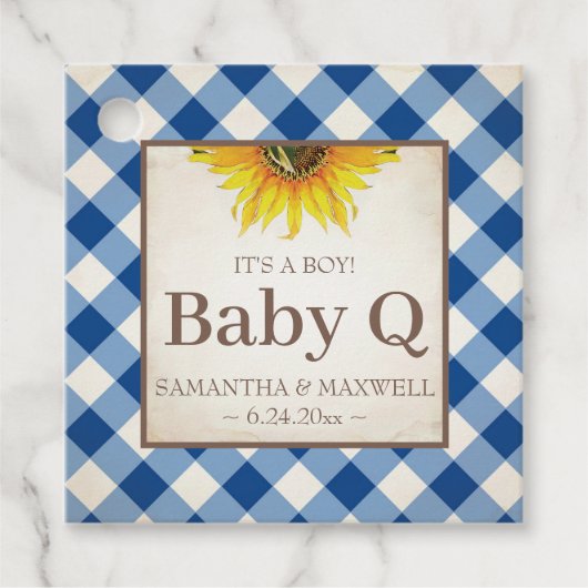 Baby Q Gingham en Sunflower Dank u Blauw Bedankjes Labels (Voorkant)