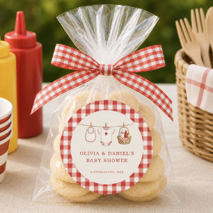 Baby-Q Gingham Rode Feestelijke Favoriet voor Baby Ronde Sticker