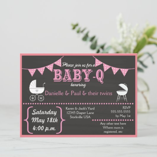 Baby-Q Krijtbord Roze Baby shower Uitnodiging (Staand voorkant)