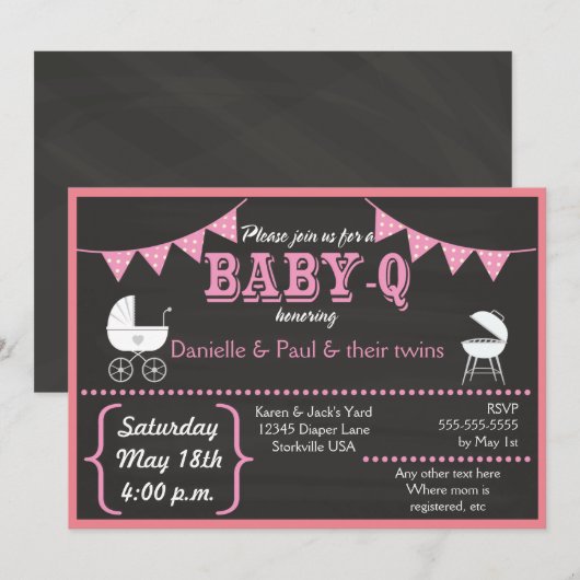 Baby-Q Krijtbord Roze Baby shower Uitnodiging (Voorkant / Achterkant)
