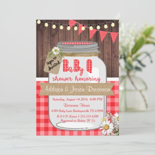 Baby Q Mason Jar Baby shower Uitnodiging BBQ (Staand voorkant)