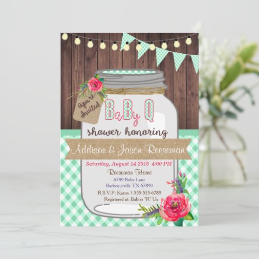 Baby Q Mason Jar Baby shower Uitnodiging BBQ (Staand voorkant)