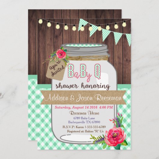 Baby Q Mason Jar Baby shower Uitnodiging BBQ (Voorkant / Achterkant)