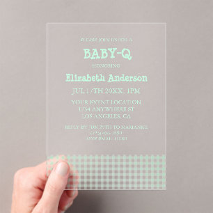 Baby-Q Mintgroene Gingham Baby Shower Acryl Uitnodigingen