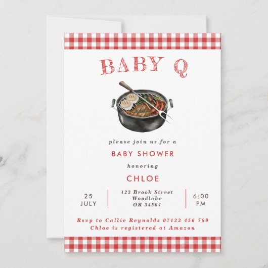 Baby Q Red Barbeque Gingham Baby shower Kaart (Voorkant)