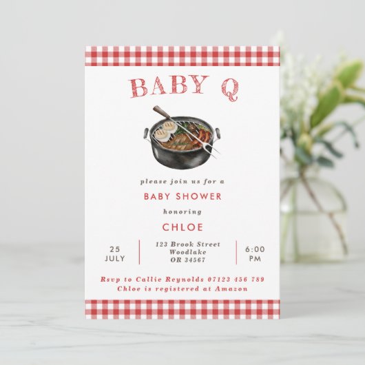 Baby Q Red Barbeque Gingham Baby shower Kaart (Staand voorkant)