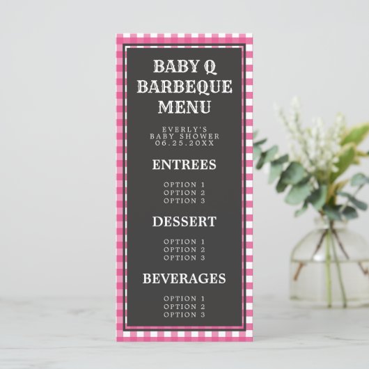 Baby Q roze menu Baby shower Gingham Pset (Staand voorkant)
