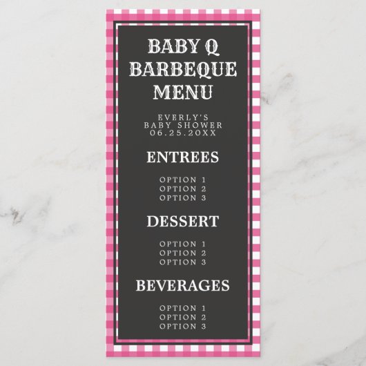Baby Q roze menu Baby shower Gingham Pset (Voorkant)