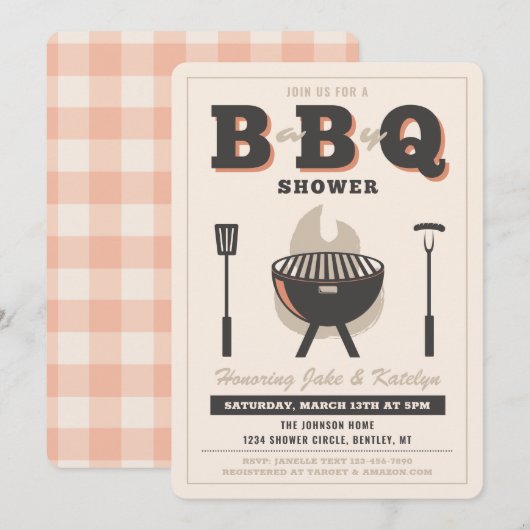 Baby Q Shower Invitation | Peach Baby Q Kaart (Voorkant / Achterkant)