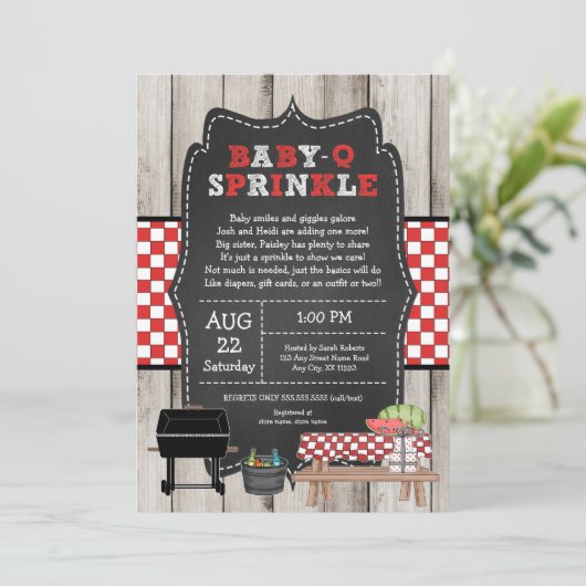 Baby Q Sprinkle, rustiek houten BBQ baby shower Kaart (Staand voorkant)