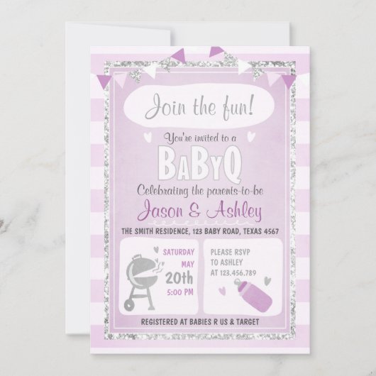 Baby Q-uitnodiging Code BBQ Baby shower Paars Kaart (Voorkant)