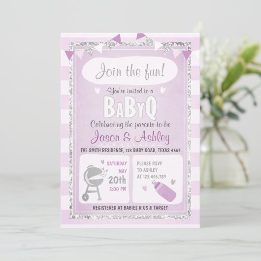 Baby Q-uitnodiging Code BBQ Baby shower Paars Kaart (Staand voorkant)