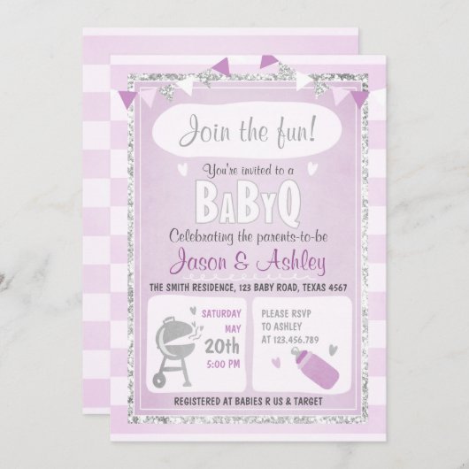 Baby Q-uitnodiging Code BBQ Baby shower Paars Kaart (Voorkant / Achterkant)